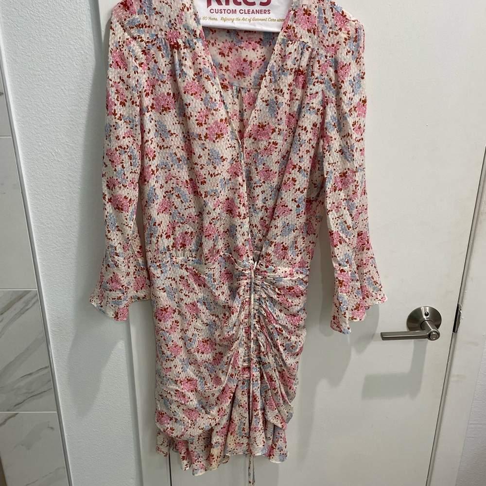 Veronica Beard Sean Floral Silk Mini Dress Ruched Long Sleeve Pink White Size 2